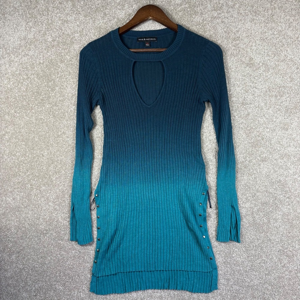Rock & Republic Women Teal Ombre Ribbed Keyhole Tunic Sweater XS
